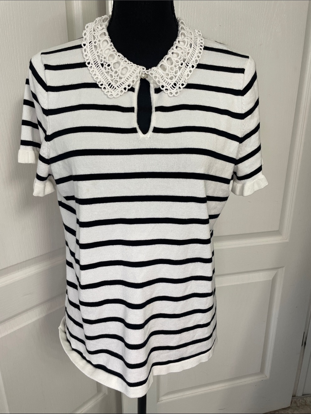 Karl Lagerfeld top Breton with lace collar L light jersey white blue preppy